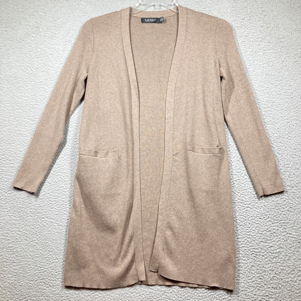 Lauren Ralph Lauren Cardigan Womens PM Tan Beige Long Knit Open Front Pockets - Picture 2 of 10